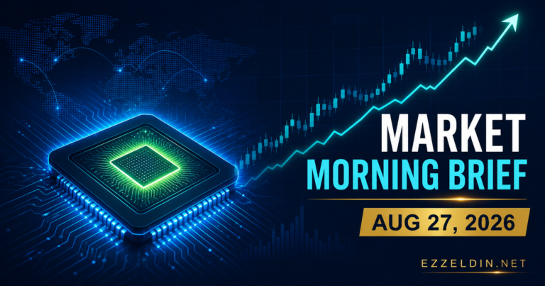 Branded August 27, 2026 market morning brief graphic featuring an AI chip and rising market chart