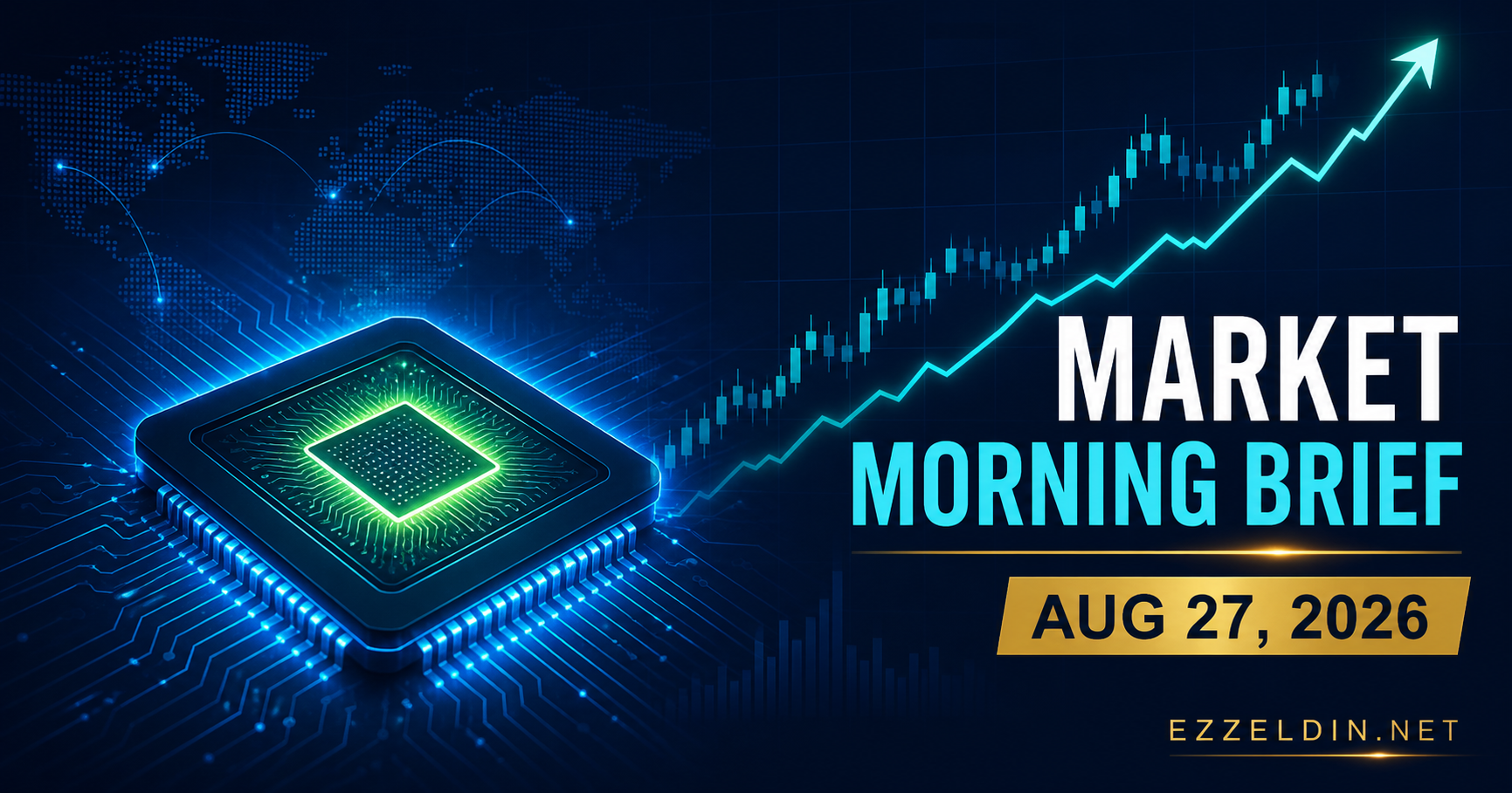 Branded August 27, 2026 market morning brief graphic featuring an AI chip and rising market chart