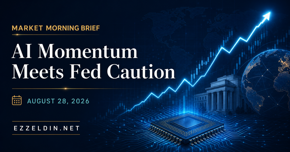 August 28, 2026 stock market morning brief graphic featuring an AI chip, rising chart, global markets and Federal Reserve imagery