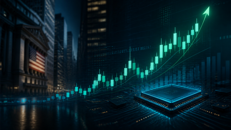U.S. stock market candlestick chart rising beside a semiconductor chip