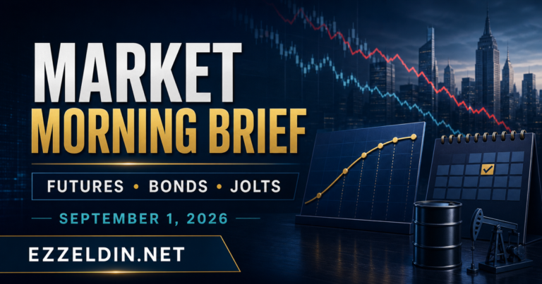 Branded ezzeldin.net September 1, 2026 market morning brief graphic featuring falling futures charts, a rising bond-yield curve, JOLTS calendar and oil imagery.