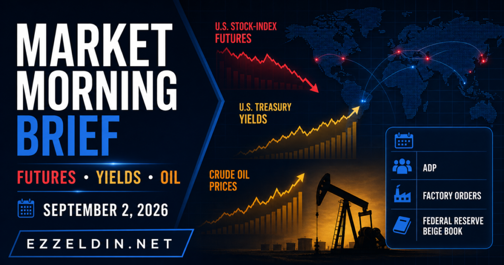 Branded ezzeldin.net September 2, 2026 market morning brief graphic showing falling futures, rising Treasury yields, higher oil and today's economic calendar.