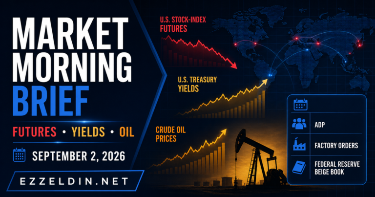 Branded ezzeldin.net September 2, 2026 market morning brief graphic showing falling futures, rising Treasury yields, higher oil and today's economic calendar.