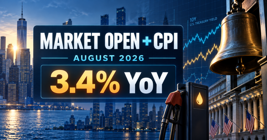 Market Open and August 2026 CPI graphic showing 3.4% annual inflation beside Wall Street, a market bell, a gasoline pump, and Treasury-yield charts.