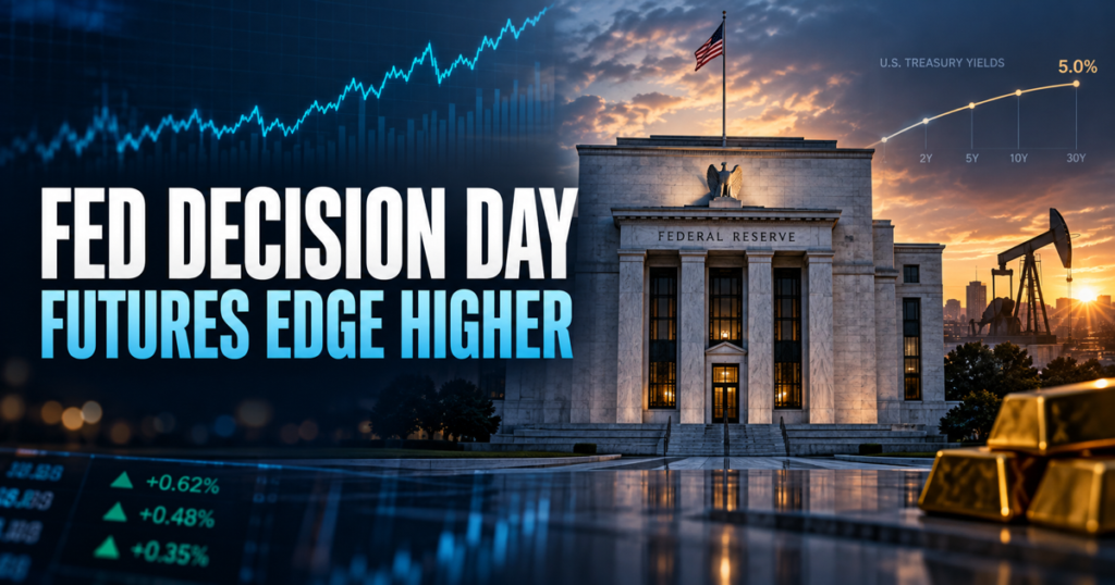 September 16, 2026 market-open graphic showing the Federal Reserve, rising futures, oil, gold and Treasury yields near 5%.