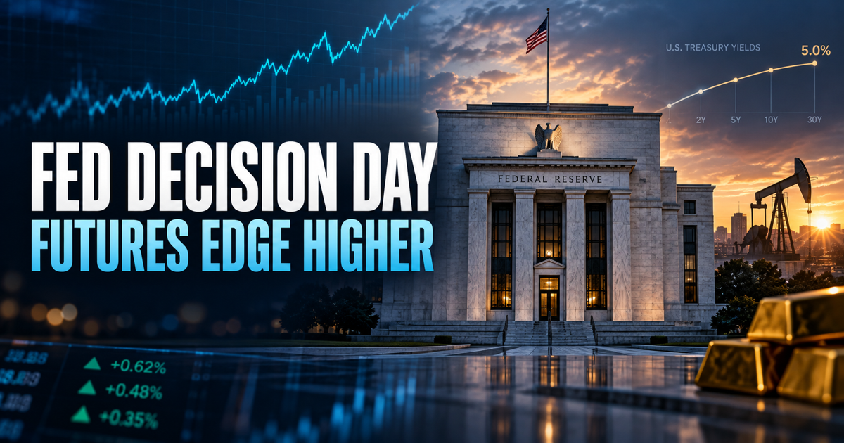 September 16, 2026 market-open graphic showing the Federal Reserve, rising futures, oil, gold and Treasury yields near 5%.