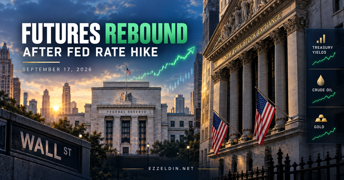 September 17, 2026 market-open graphic showing Wall Street and the Federal Reserve under the headline Futures Rebound After Fed Rate Hike.