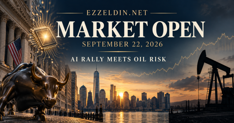 September 22, 2026 Market Open graphic showing Wall Street, an AI chip, and an oil pump under the headline AI Rally Meets Oil Risk.