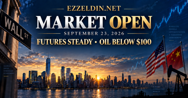 September 23, 2026 Market Open graphic showing Wall Street, market charts, U.S. and Chinese flags, and an oil pump under the headline Futures Steady, Oil Below $100.