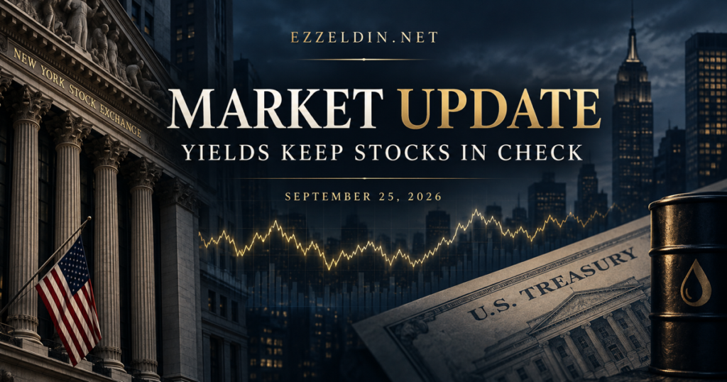 September 25, 2026 U.S. market update showing Wall Street, a Treasury note, oil and a market chart under the headline Yields Keep Stocks in Check.